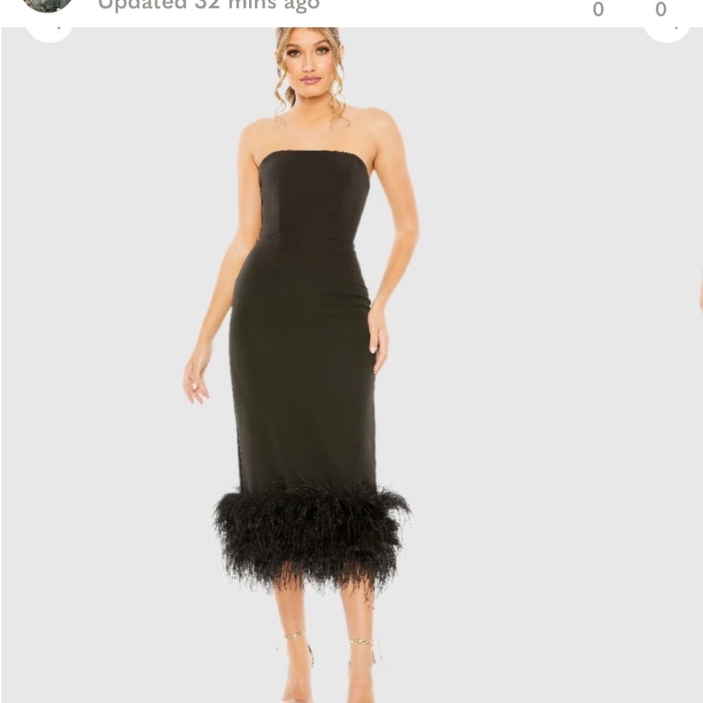 New | MAC DUGGAL
Black Strapless Column Dress with Feather
Trim | 8 11629